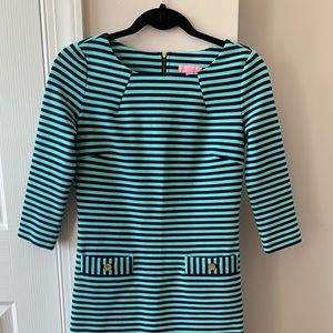 Lilly Pulitzer stripped dress; 3/4 sleeves; blue; size xs.